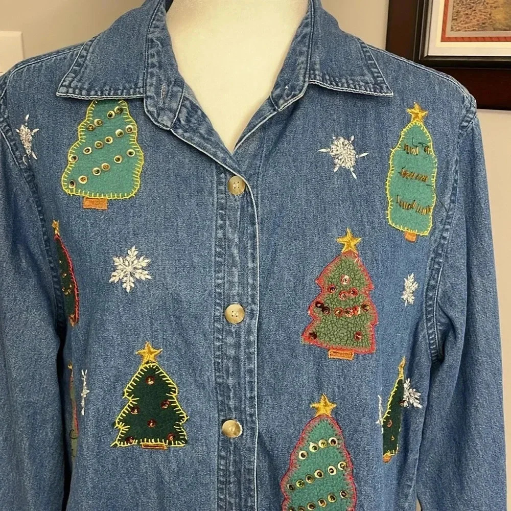 Bedford Fair Denim Chambray Womens Christmas Holiday Button Down Shirt Size Larg - Picture 2 of 5
